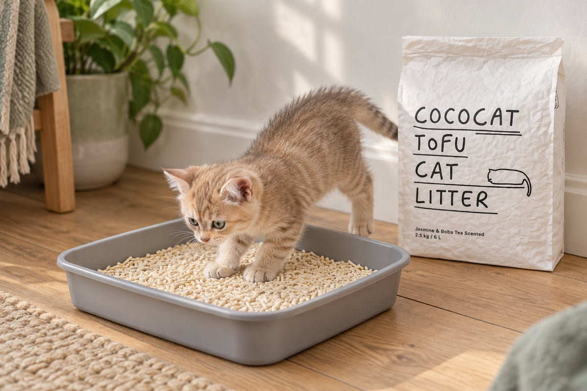 A kitten stepping into a low-sided litter tray of tofu cat litter, with a bag of CocoCat tofu litter beside it.