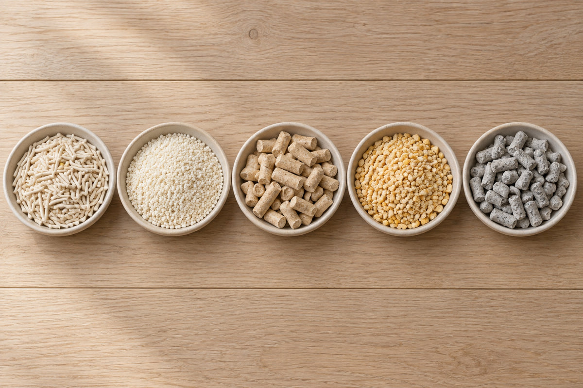 Five plant-based cat litters in shallow dishes side by side: tofu pellets, cassava granules, wood pellets, corn granules and recycled paper pellets.