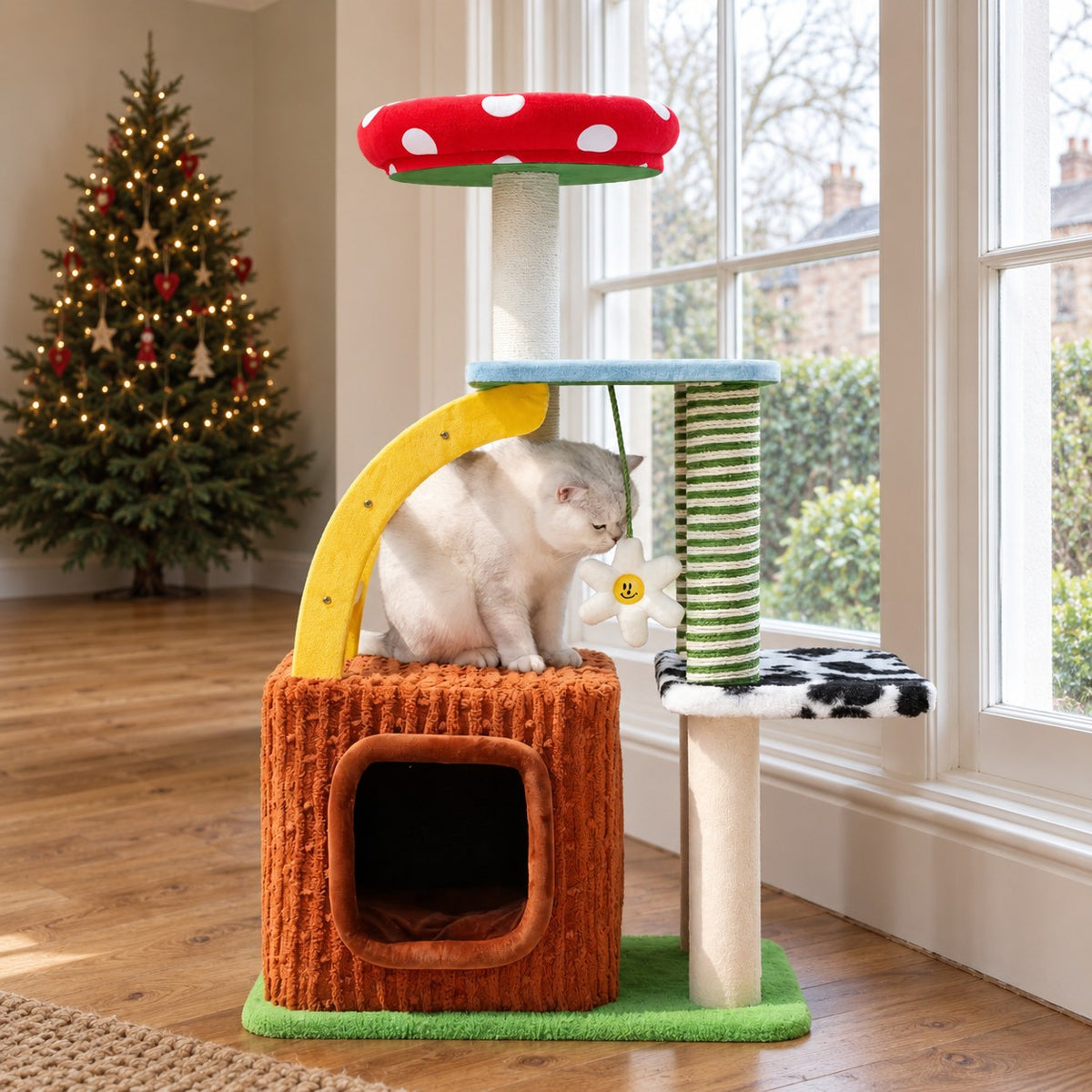 A white cat sitting on the zeze 3-in-1 cat tree beside a window, with a decorated Christmas tree on the far side of the sitting room.