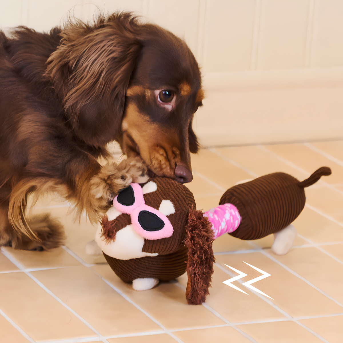 zeze Monica small brown corduroy plush dog toy with a rope middle