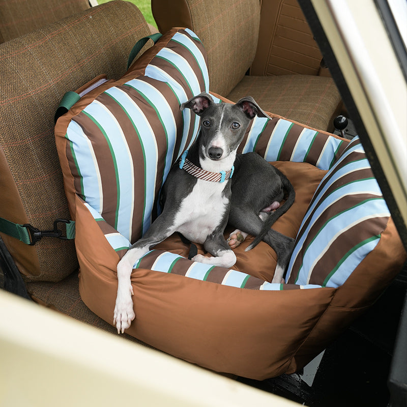 zeze Striped Pet Car Bed: caramel Oxford fabric car seat bed with striped lining and green handles