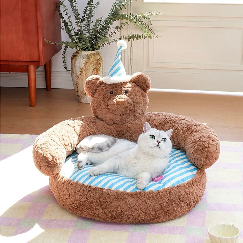 zeze Sleepy Nick Bear Pet Sofa: brown plush bear bed with blue and white striped cushion and nightcap