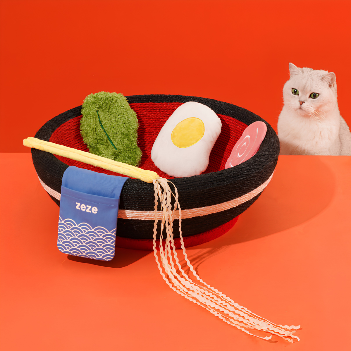 zeze big ramen bowl cat scratcher in black and red rope with plush egg, fishcake and chopsticks