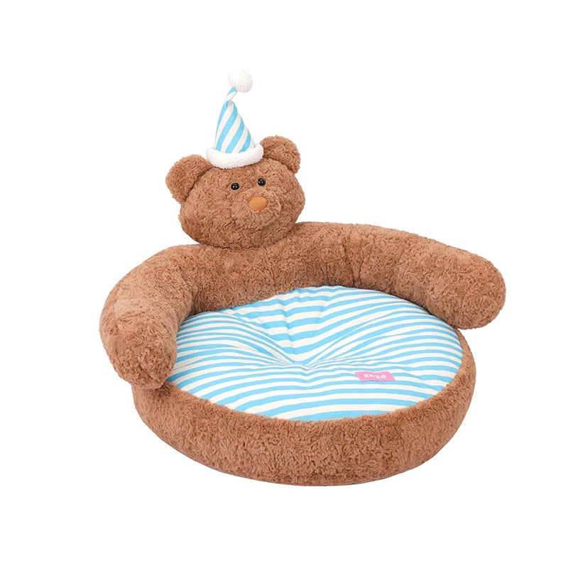 zeze Sleepy Nick Bear Pet Sofa: brown plush bear bed with blue and white striped cushion and nightcap