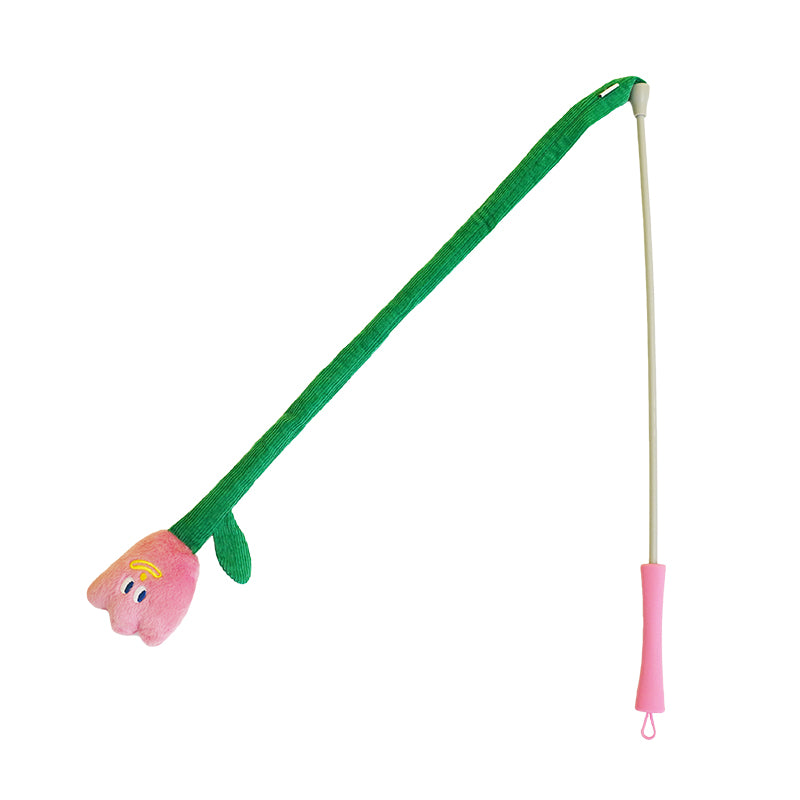 zeze cat teaser wand with a pink plush tulip on a green corduroy stem and pink handle