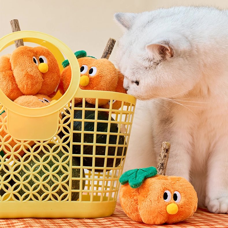 zeze orange plush pumpkin cat toy with a silvervine stick stalk and green leaf