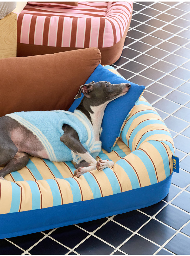 zeze Sandwich Pet Sofa Bed — Striped Cotton Canvas Couch with Backrest & Cushion