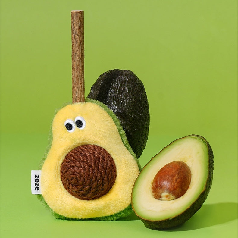 zeze plush avocado cat toy with a rope-wound hemp ball stone and a silvervine stick
