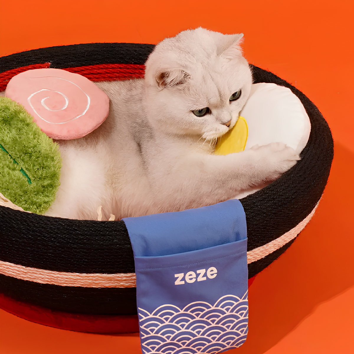 zeze big ramen bowl cat scratcher in black and red rope with plush egg, fishcake and chopsticks