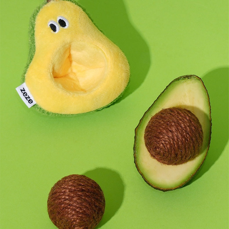 zeze plush avocado cat toy with a rope-wound hemp ball stone and a silvervine stick
