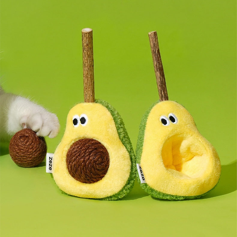 zeze plush avocado cat toy with a rope-wound hemp ball stone and a silvervine stick