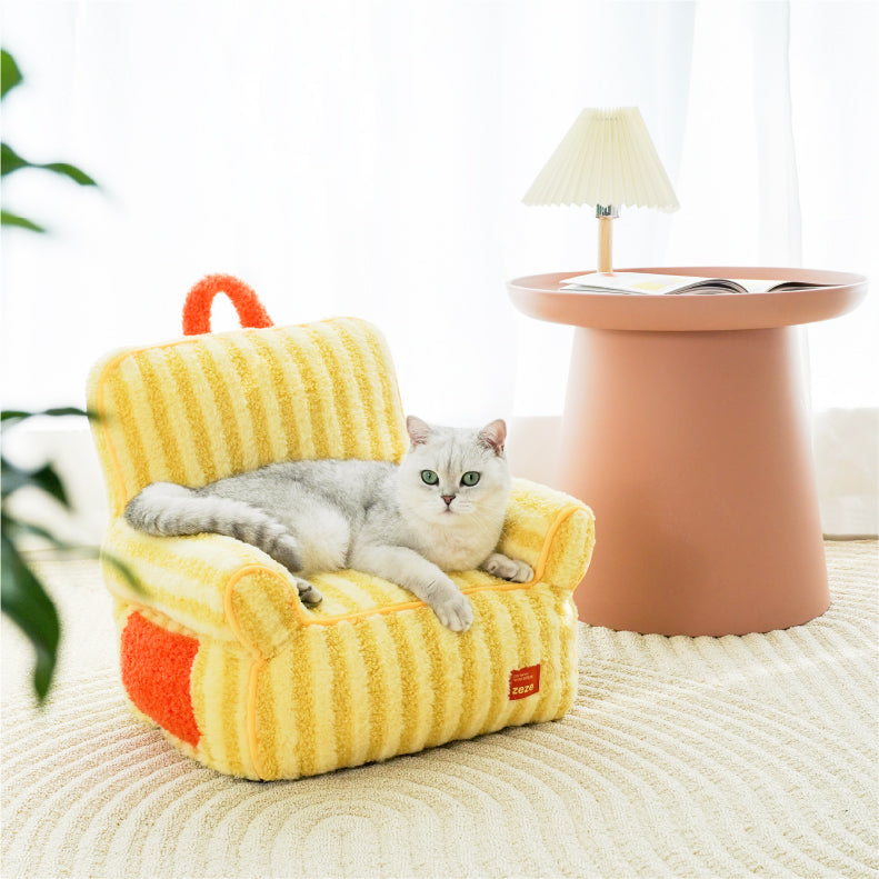 zeze Striped Plush Pet Armchair — High-Backed Cat Chair with Carry Handle