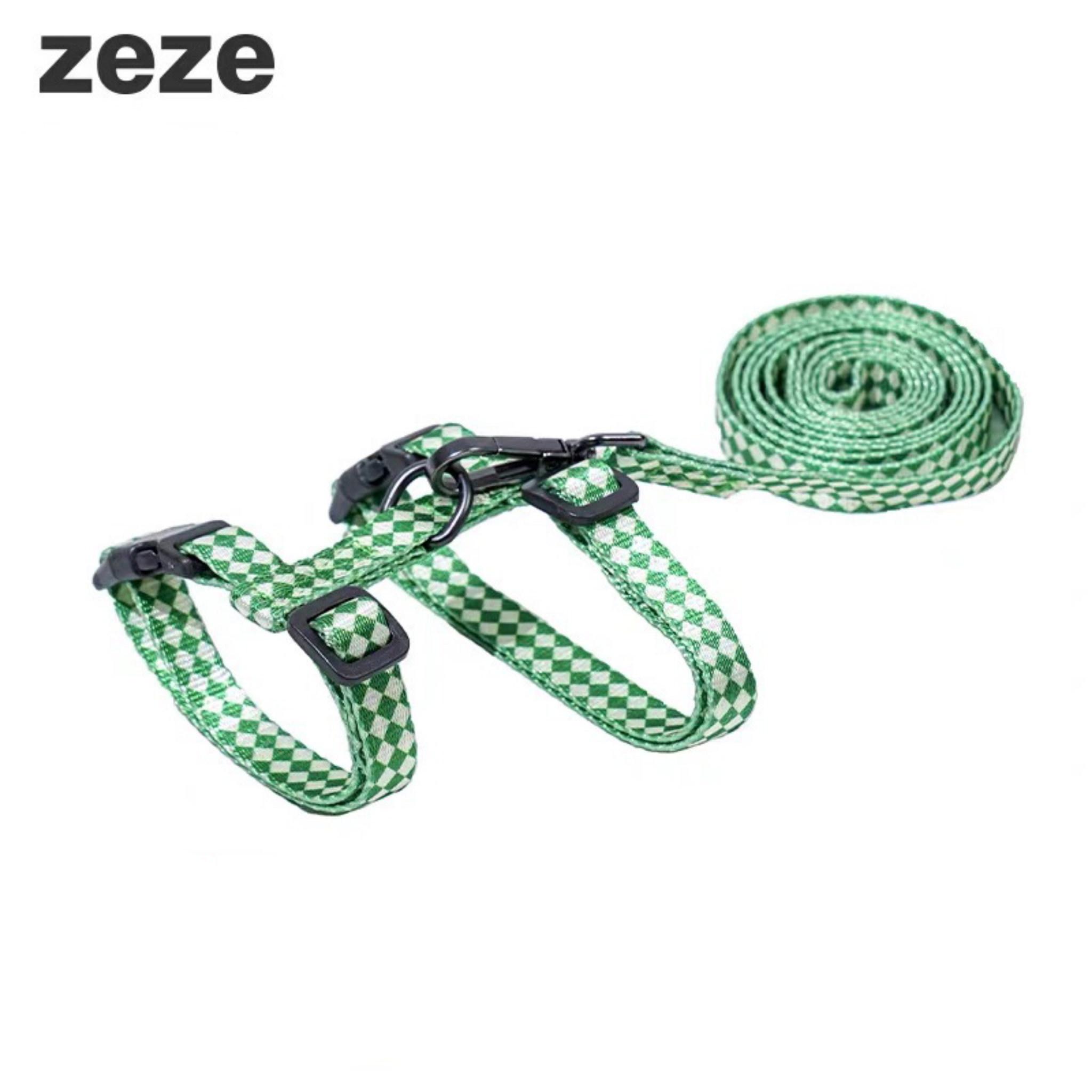 Zeze Green/White Plaid Cat Harness & Leash Set. Adjustable, secure H-shaped fit for cats.