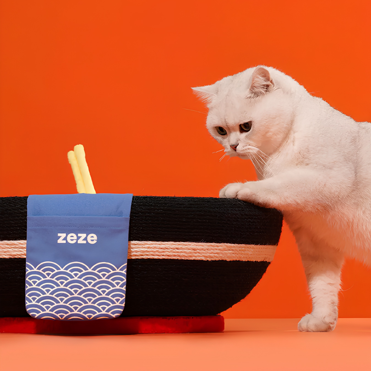 zeze big ramen bowl cat scratcher in black and red rope with plush egg, fishcake and chopsticks