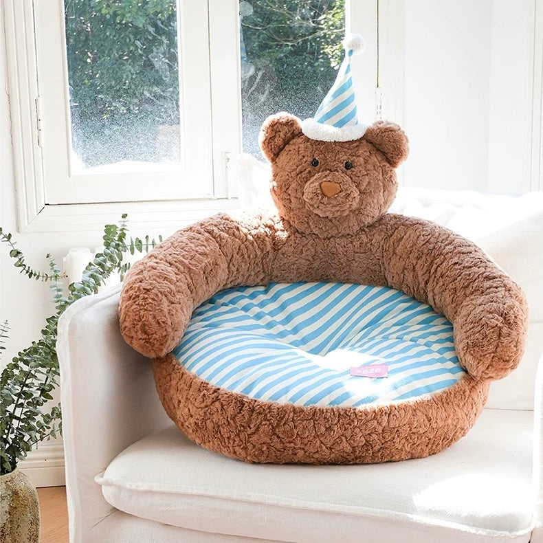 zeze Sleepy Nick Bear Pet Sofa: brown plush bear bed with blue and white striped cushion and nightcap