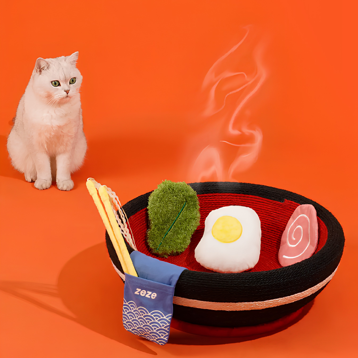zeze big ramen bowl cat scratcher in black and red rope with plush egg, fishcake and chopsticks