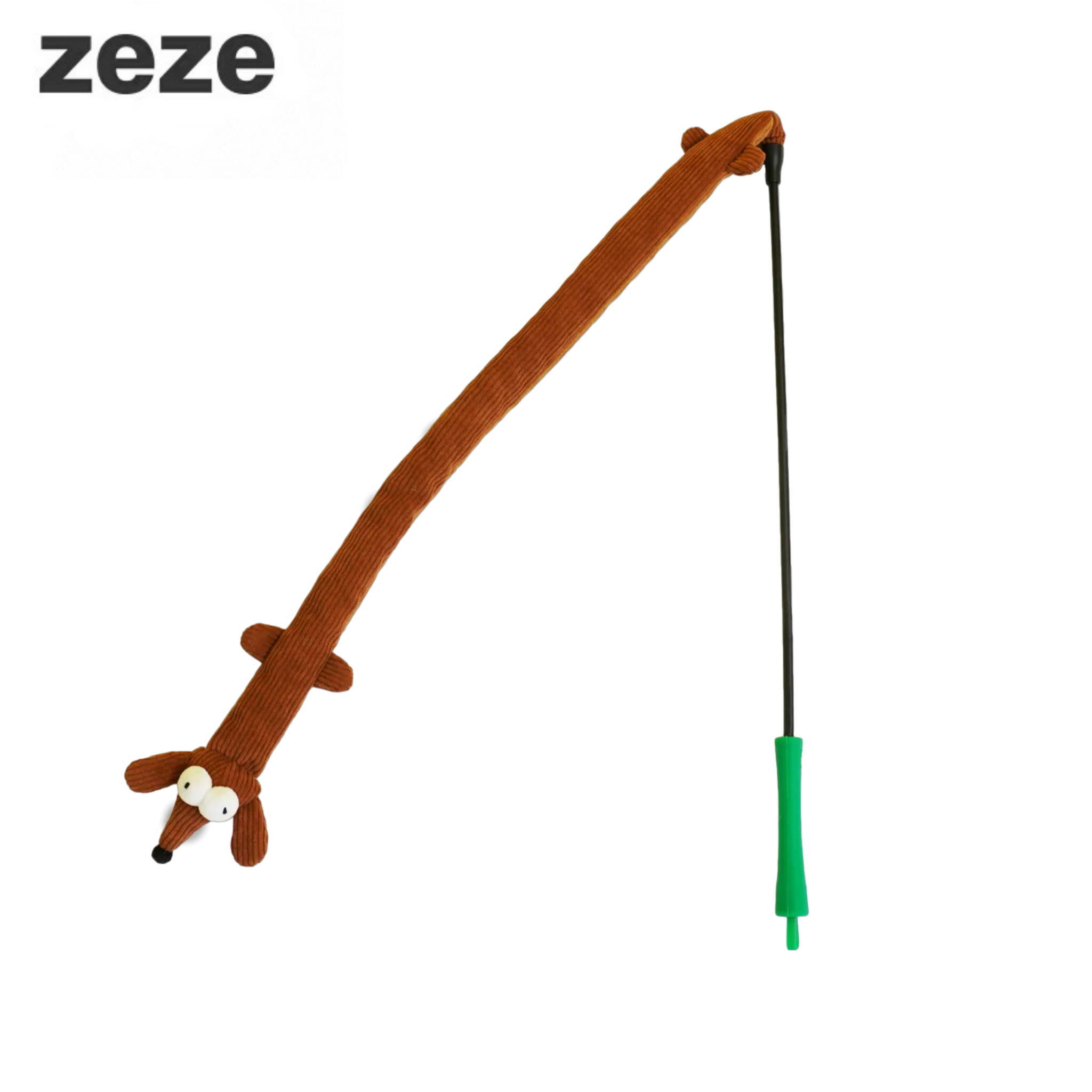Dachshund cat teaser wand with soft fleece, crinkle film, and TPR rod for engaging feline play.