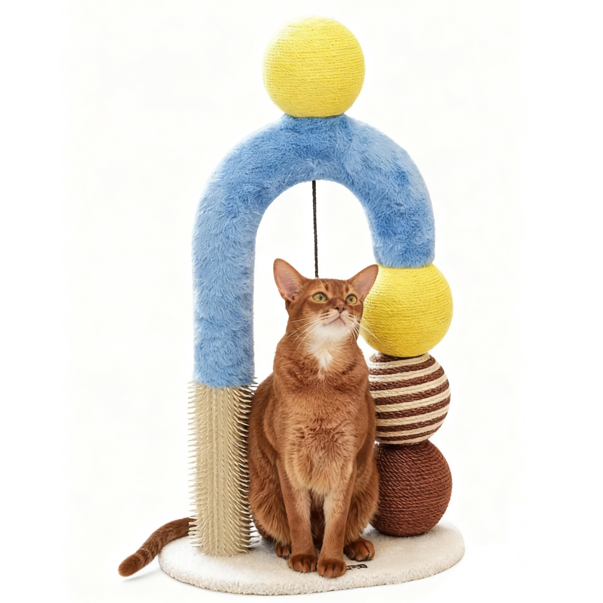 Modern cat arch scratcher with sisal balls, rubbing pole, and blue faux-fur top for scratching and playing.