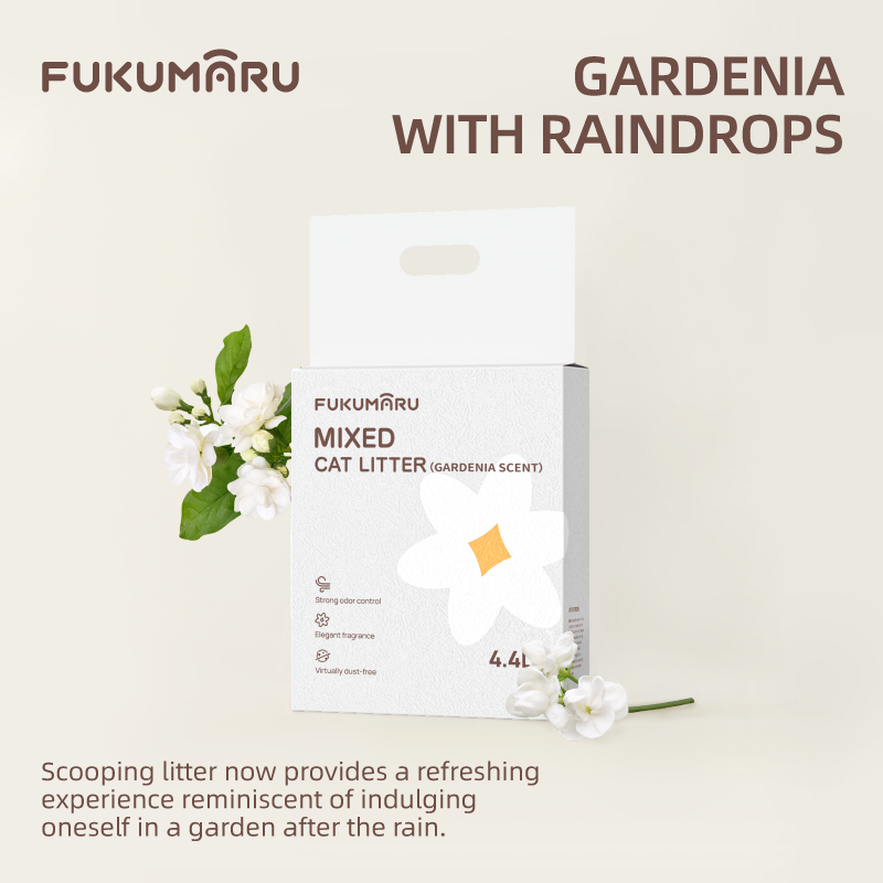 FUKUMARU Gardenia Mixed Cat Litter: Tofu & Bentonite, 94.4% Odor Control, Activated Carbon, Low Dust.