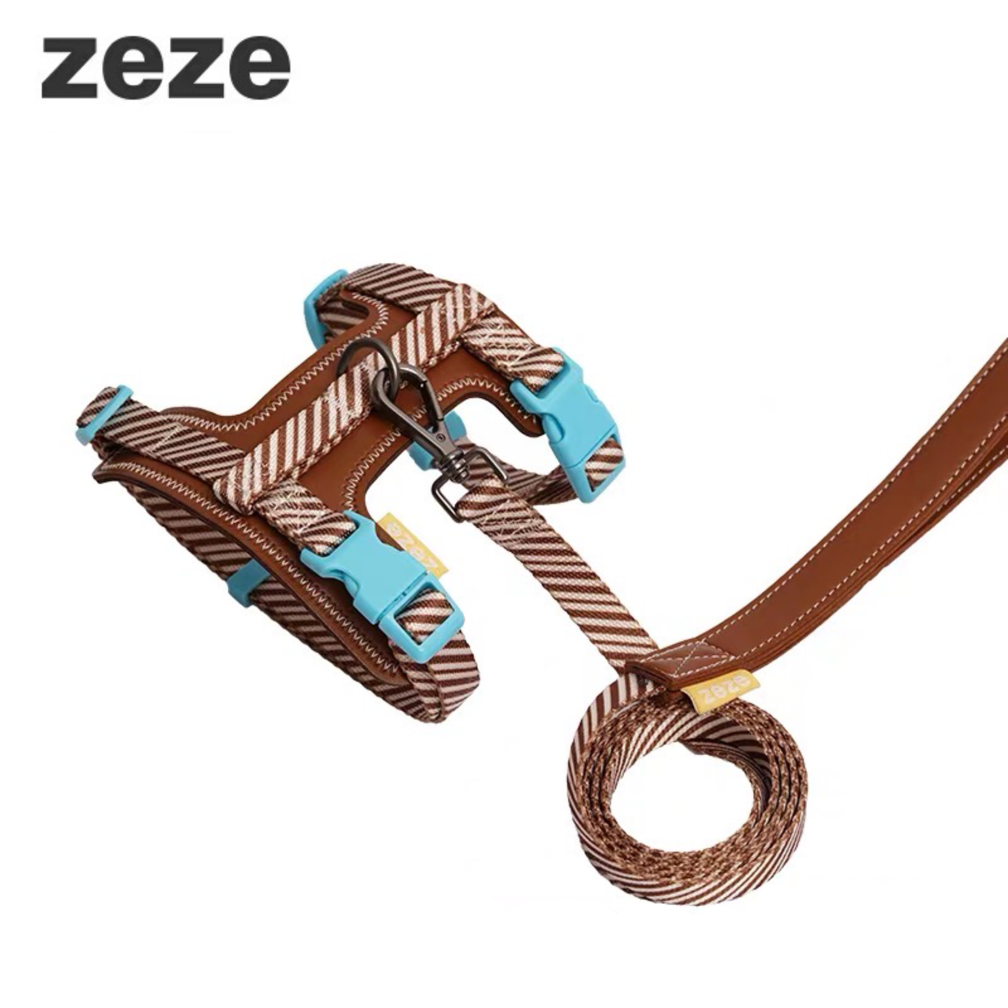 Zeze Brown/Cream striped H-style dog harness and leash set with blue buckles.