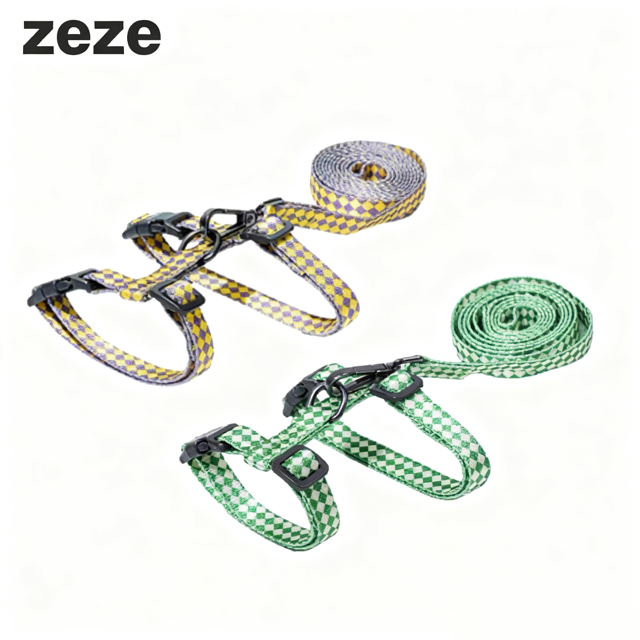 Zeze Plaid Cat Harness & Leash Set: H-shaped polyester webbing harness in Yellow/Purple or Green/White.