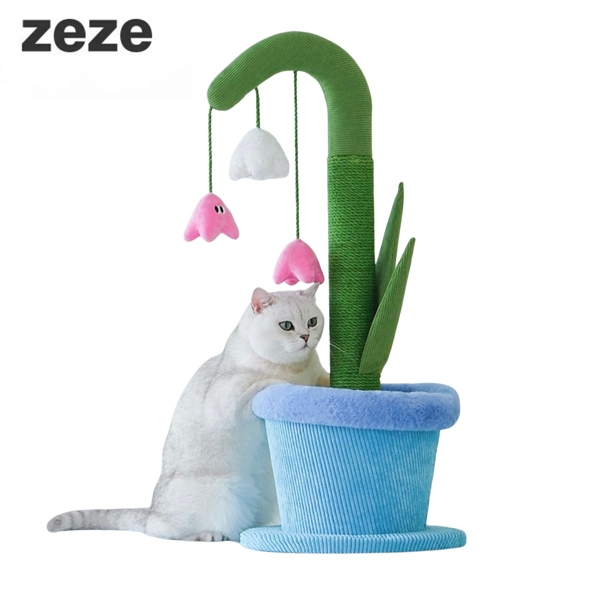 ZEZE Blooming Lily Cat Scratcher: Floral sisal post, catnip flower toy, blue corduroy base.