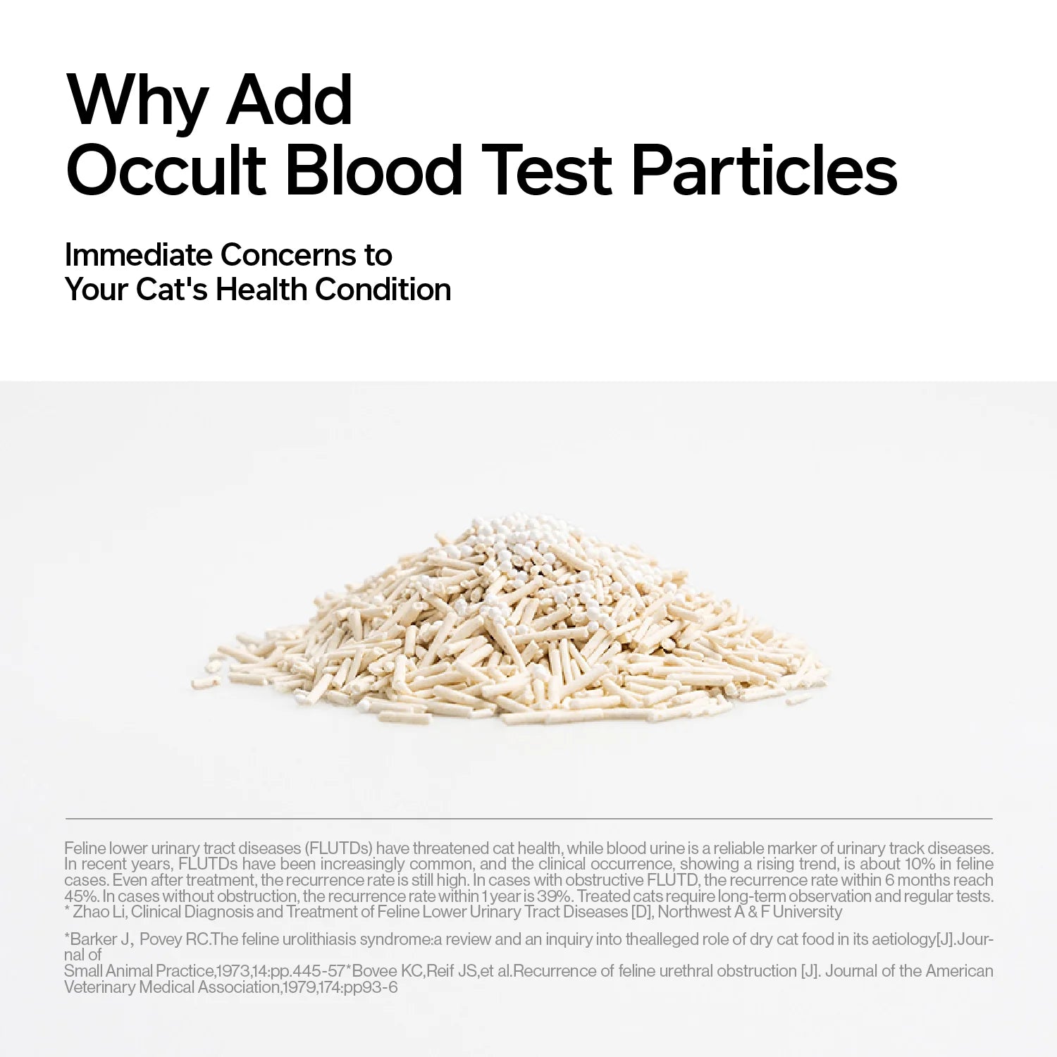 Tofu cat litter additive detects trace blood (<0.1% Hb) in 48hrs; pea dregs base clumps fast.