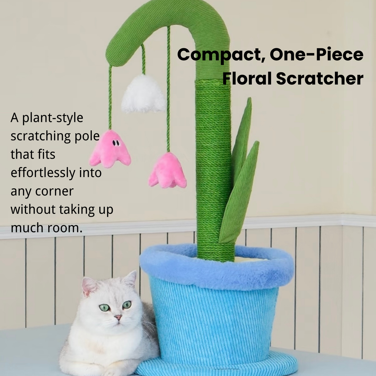 Modern floral cat scratcher post with sisal texture, lily design, and catnip toy.