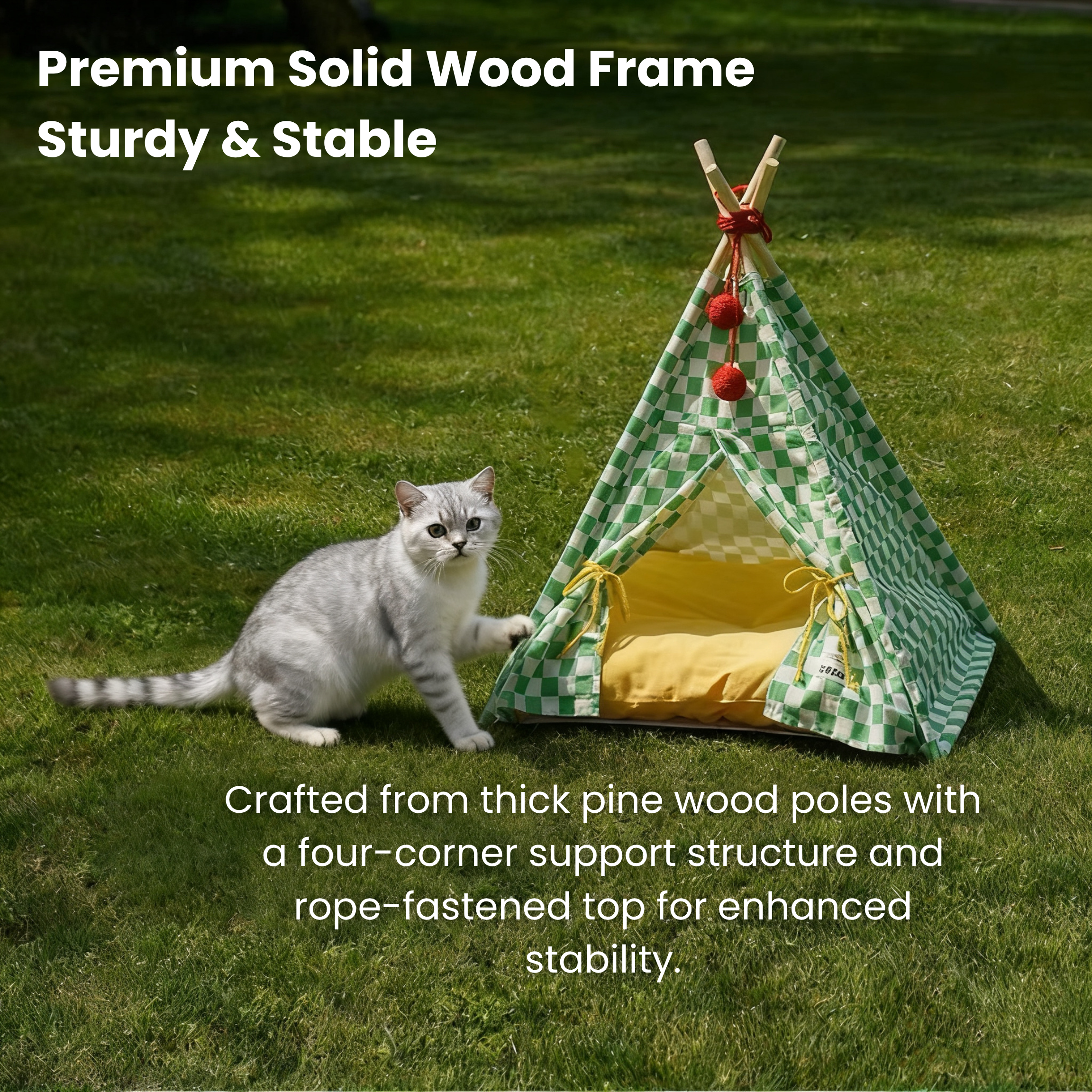 Portable cat tent with pine wood frame, canvas cushion, safe hideaway for indoor/outdoor use.