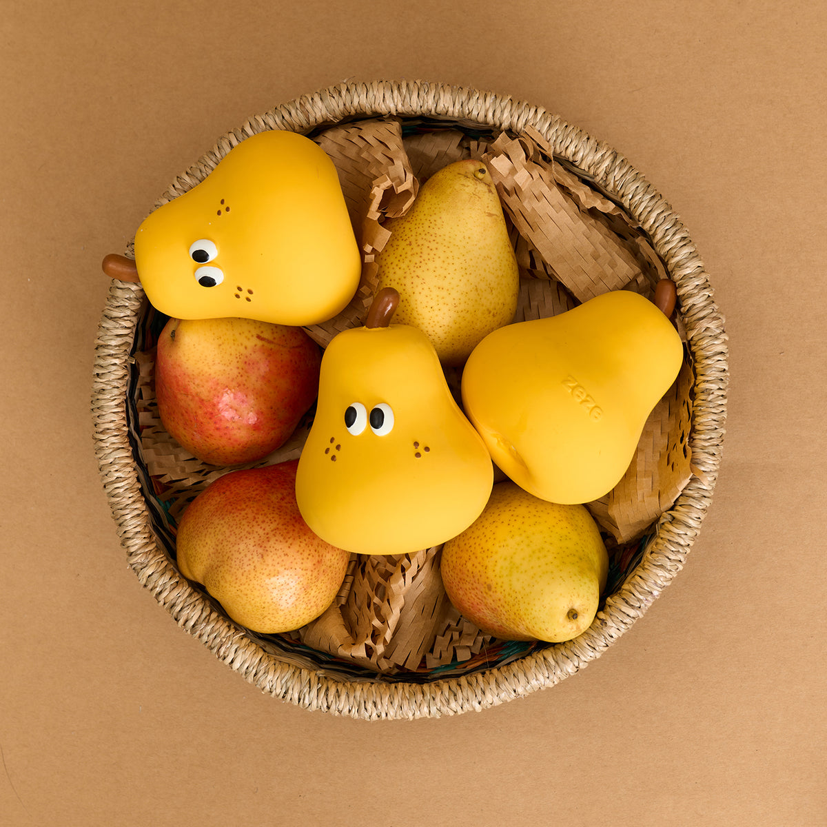 zeze latex squeaky dog toys shaped like broccoli, a half apple, a pear and an orange