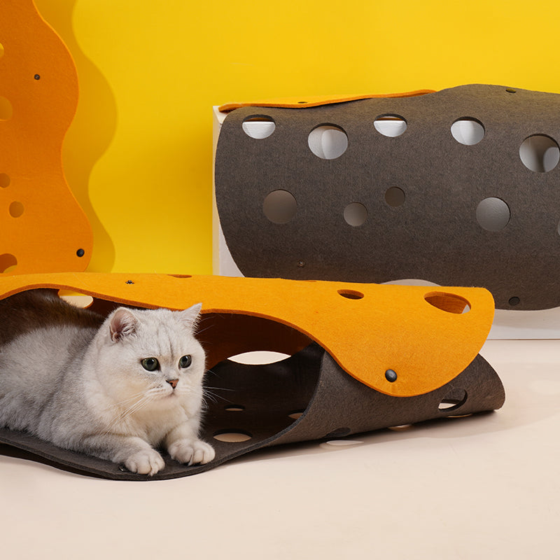 zeze Felt Cat Tunnel in orange with round cheese-style holes over a charcoal grey base