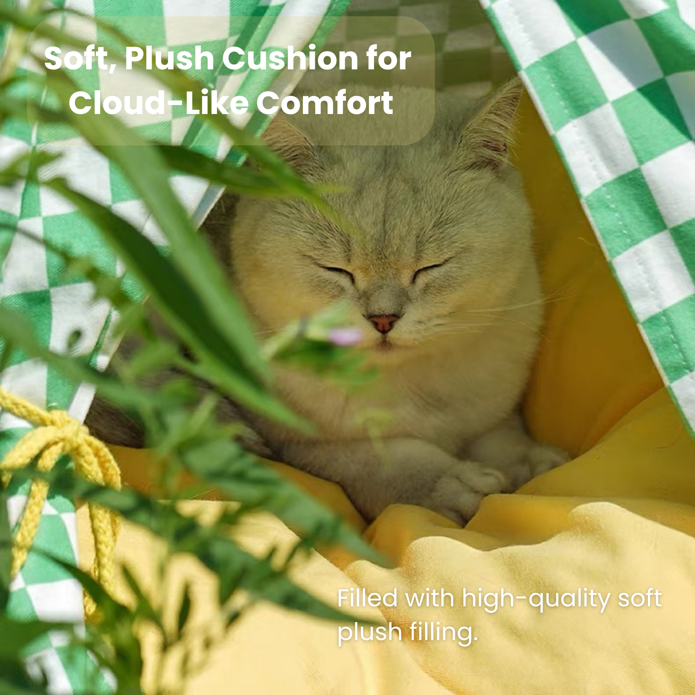 Portable cat camping tent with pine frame and cotton canvas for indoor/outdoor cozy pet hideaway.