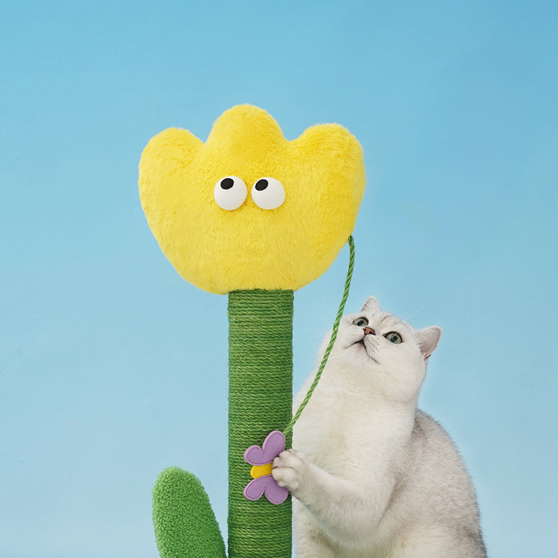 zeze Tulip Cat Scratching Post — Plush Bloom, Jute Rope Column & Rattle Leaf