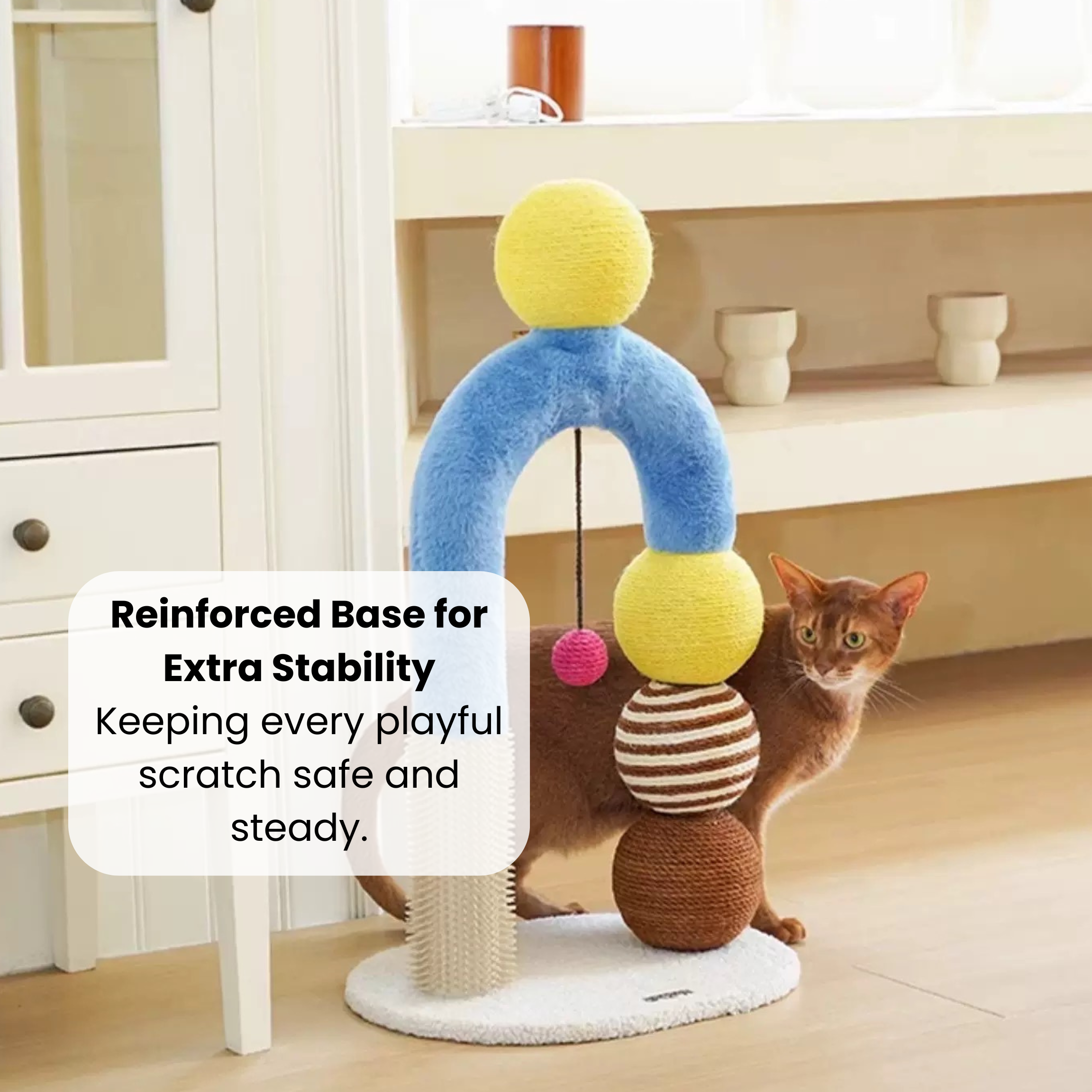 Modern cat arch scratcher with sisal balls and grooming pole for play and scratching.