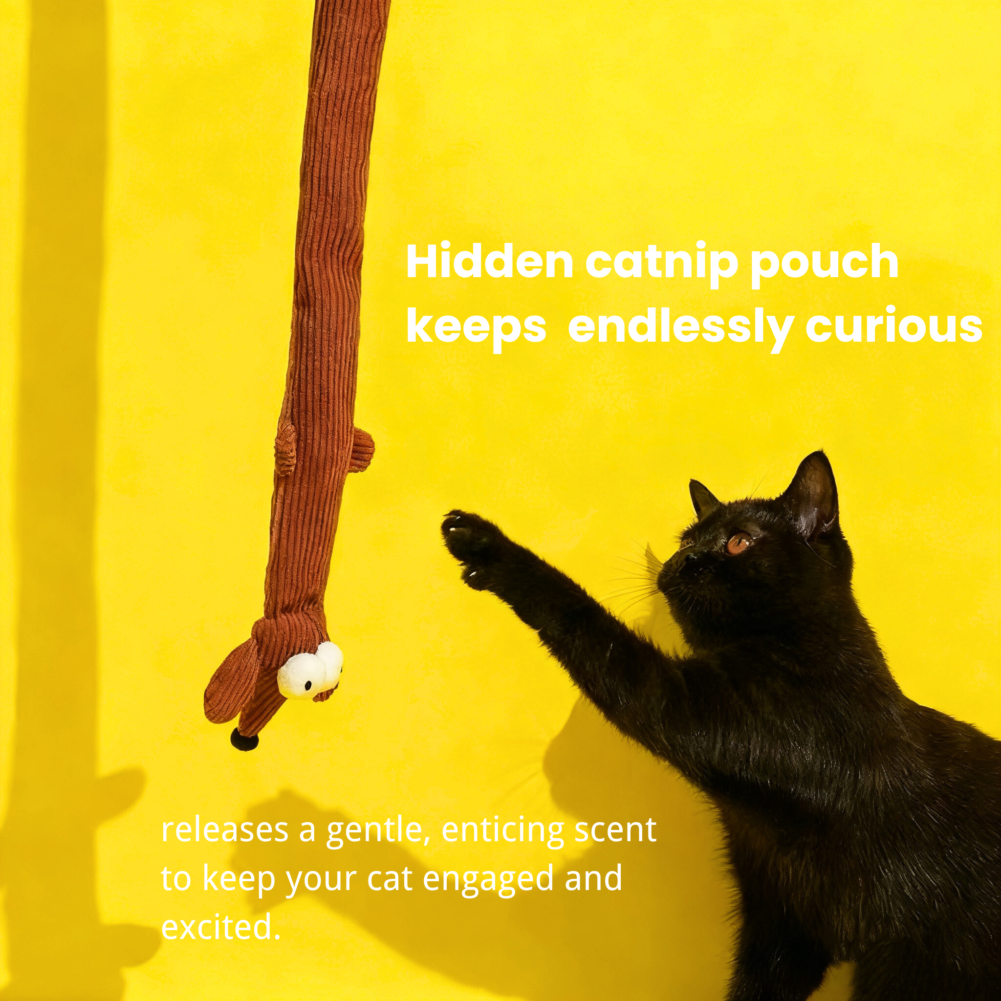Brown corduroy dachshund cat teaser wand with googly eyes for interactive, playful cat entertainment.