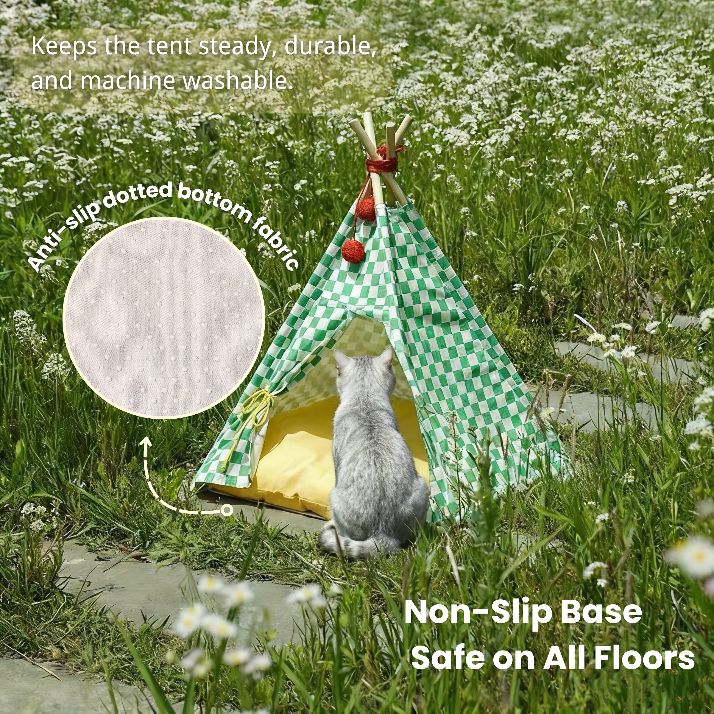 Green canvas cat teepee tent with wood frame and yellow cushion. Portable indoor/outdoor hideaway.