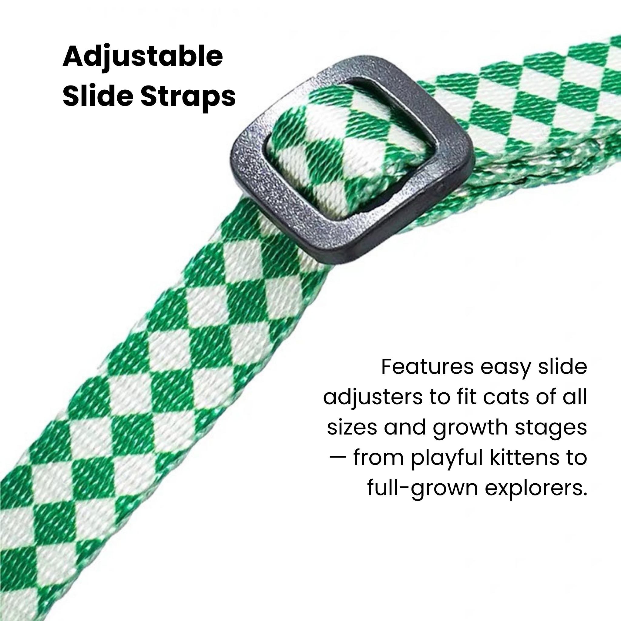 Adjustable green & white plaid cat harness made of polyester webbing with slide buckle.