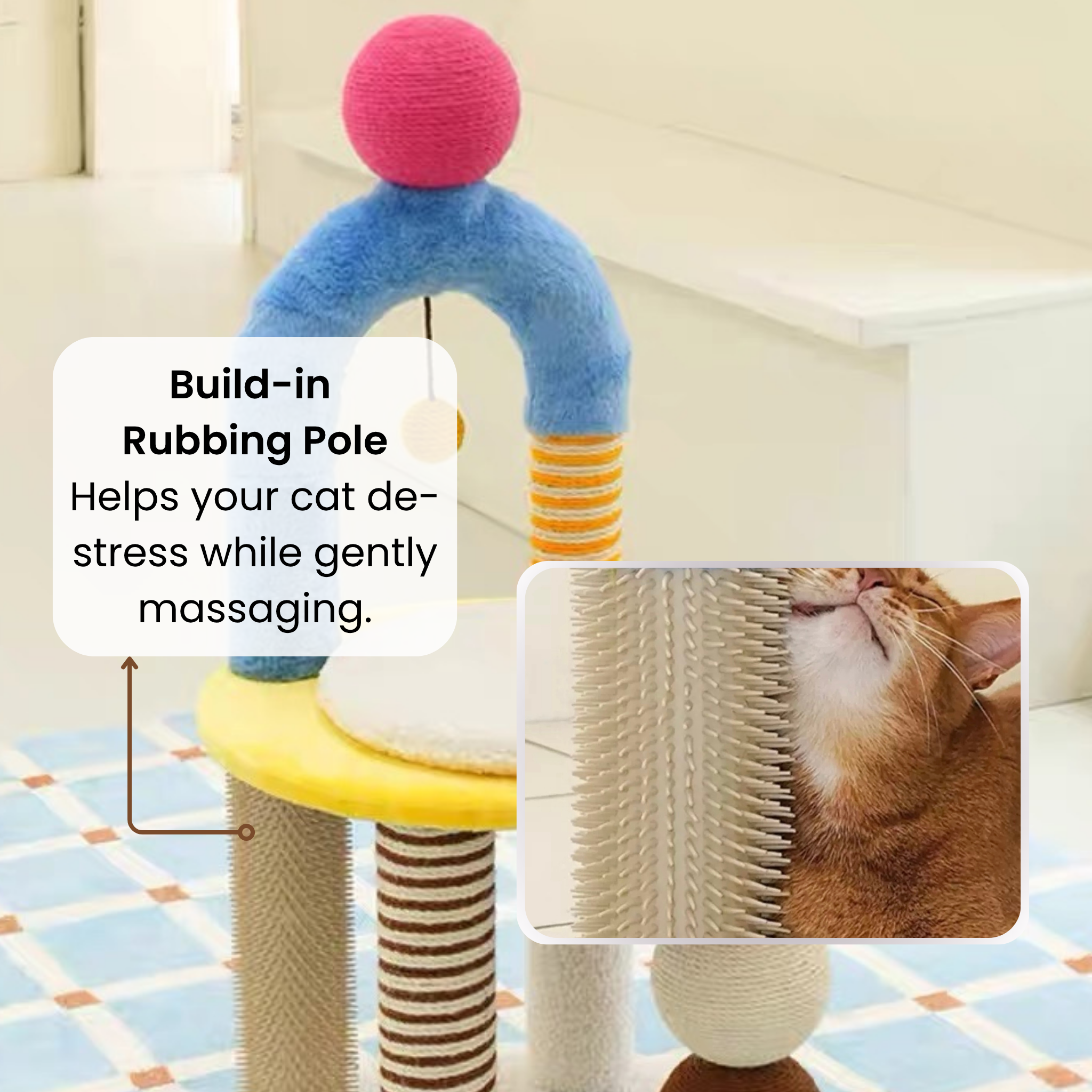 Two-tier arch cat tree: modern design, sisal scratch posts, rubbing pole, stable multi-cat condo.