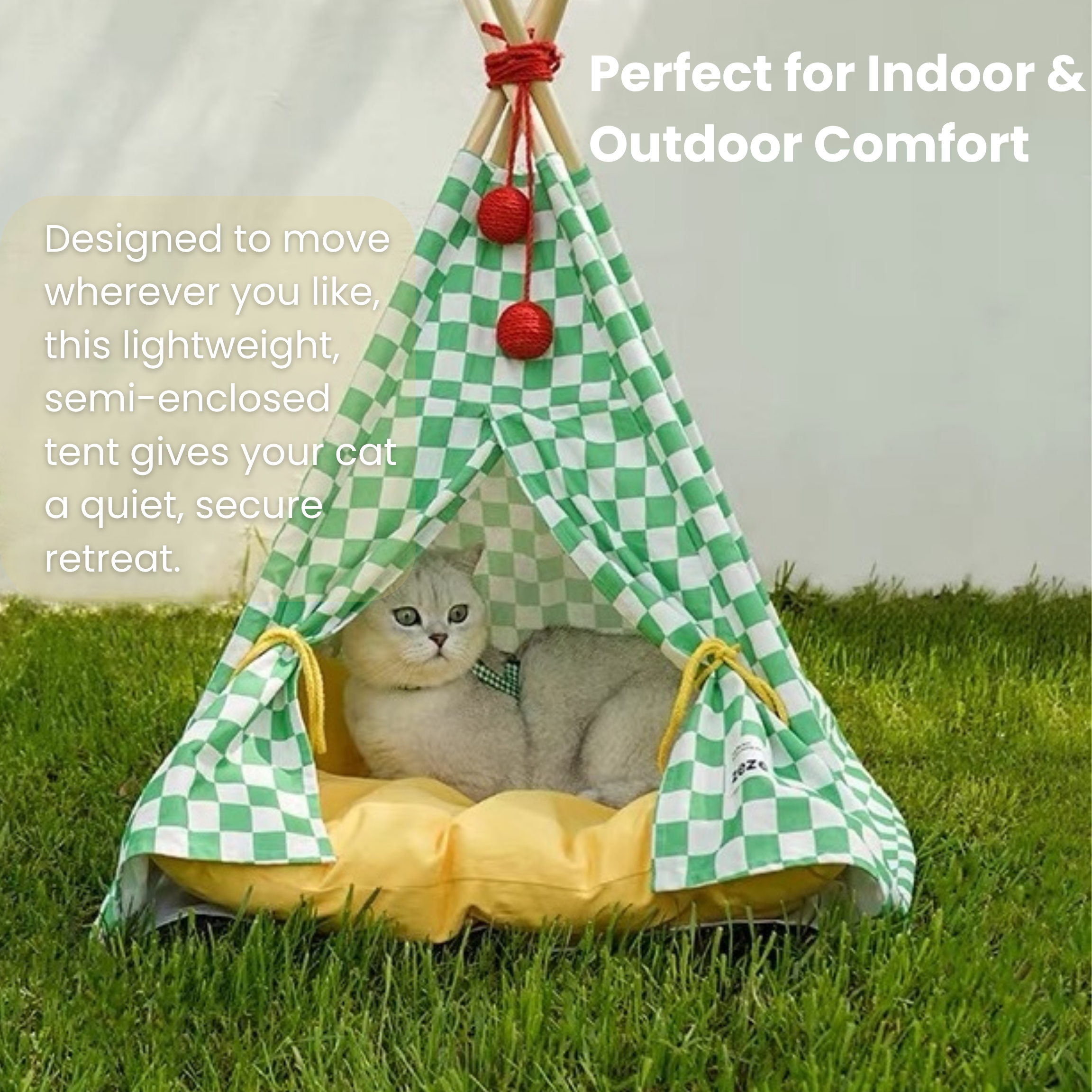 Green checkerboard cat camping tent with wood frame, cotton canvas, for indoor/outdoor comfort.