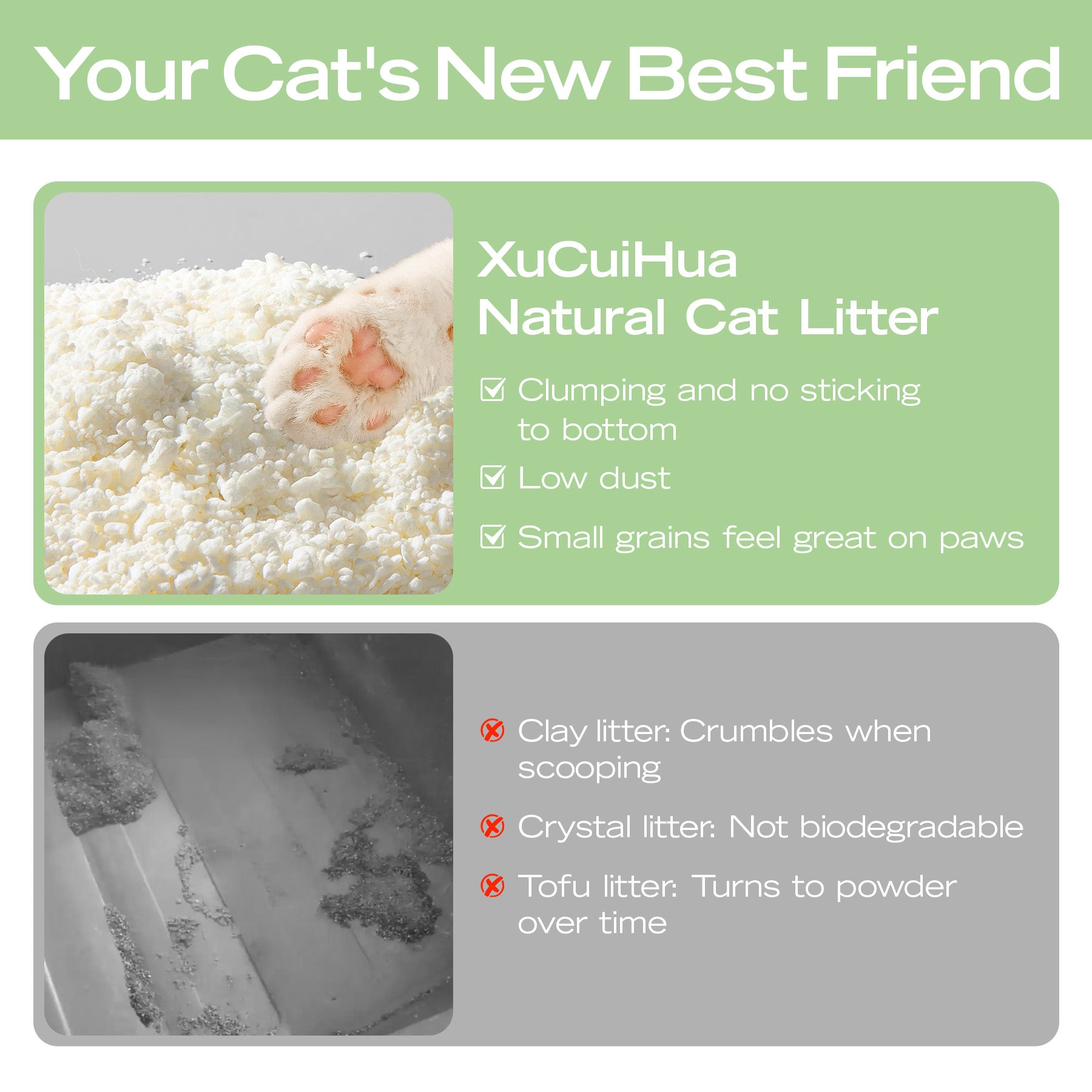 XuCuiHua low dust cat litter infographic: superior clumping, paw friendly, alternative to clay/crystal/tofu.