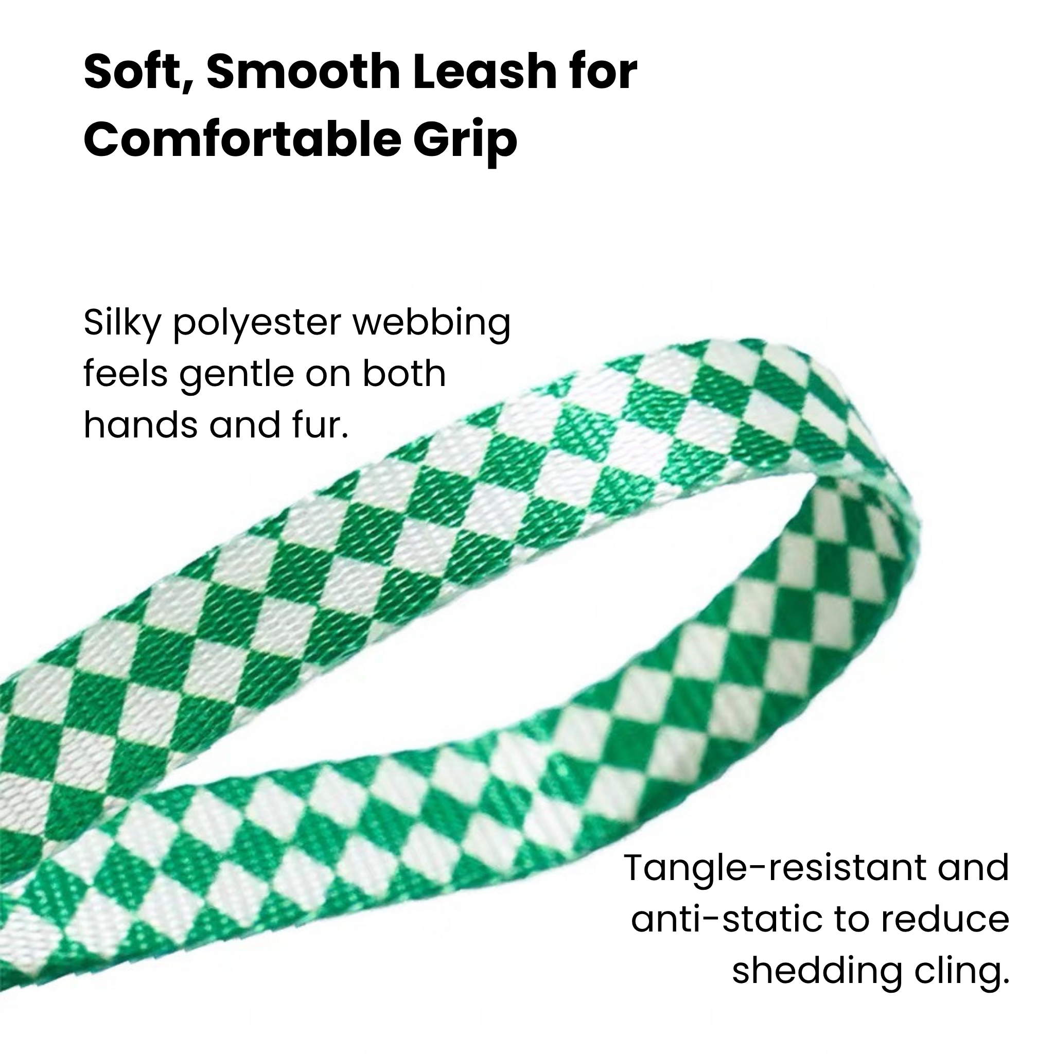 Green/white plaid cat leash, durable polyester webbing, comfortable grip, tangle-resistant for secure walking.