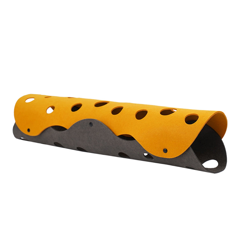 zeze Felt Cat Tunnel in orange with round cheese-style holes over a charcoal grey base