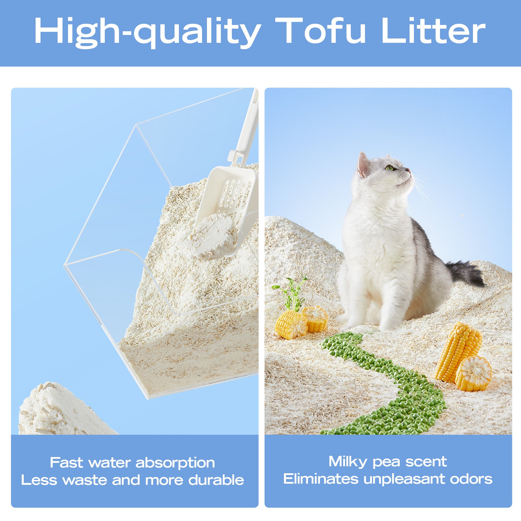 Natural Tofu Cat Litter: Fast clumping, odor control, pea scent, fast absorption.