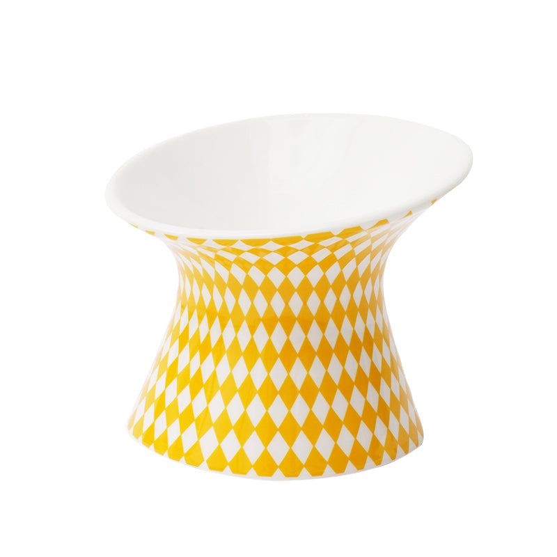 zeze Popart ceramic pet bowl, yellow diamond bowl on white