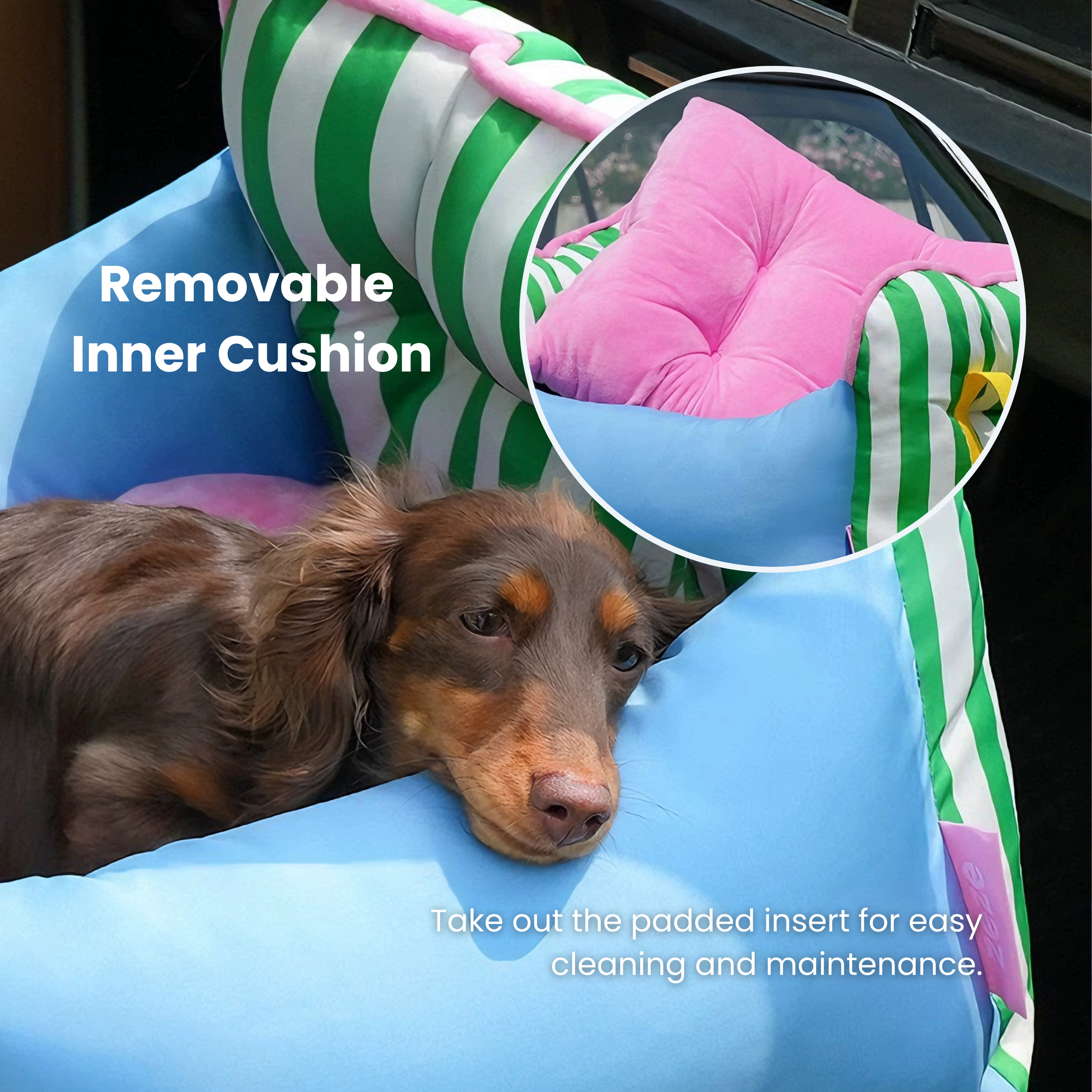 Light blue and pink booster car seat/travel bed for small dogs and cats, multi-function use.