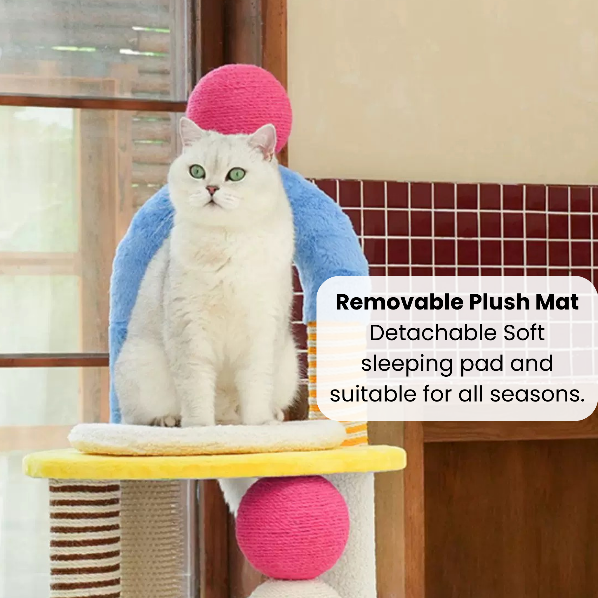 Yellow arch cat tree with blue cloud backrest, sisal post, and rubbing pole.