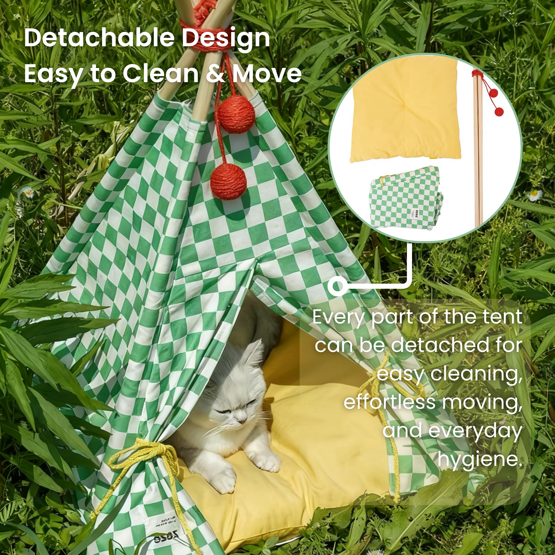 Portable cat camping tent with pine wood frame, comfy bed, safe hideaway for indoor/outdoor use.
