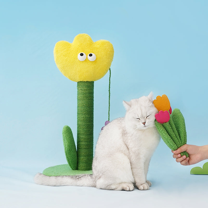 zeze Tulip Cat Scratching Post — Plush Bloom, Jute Rope Column & Rattle Leaf