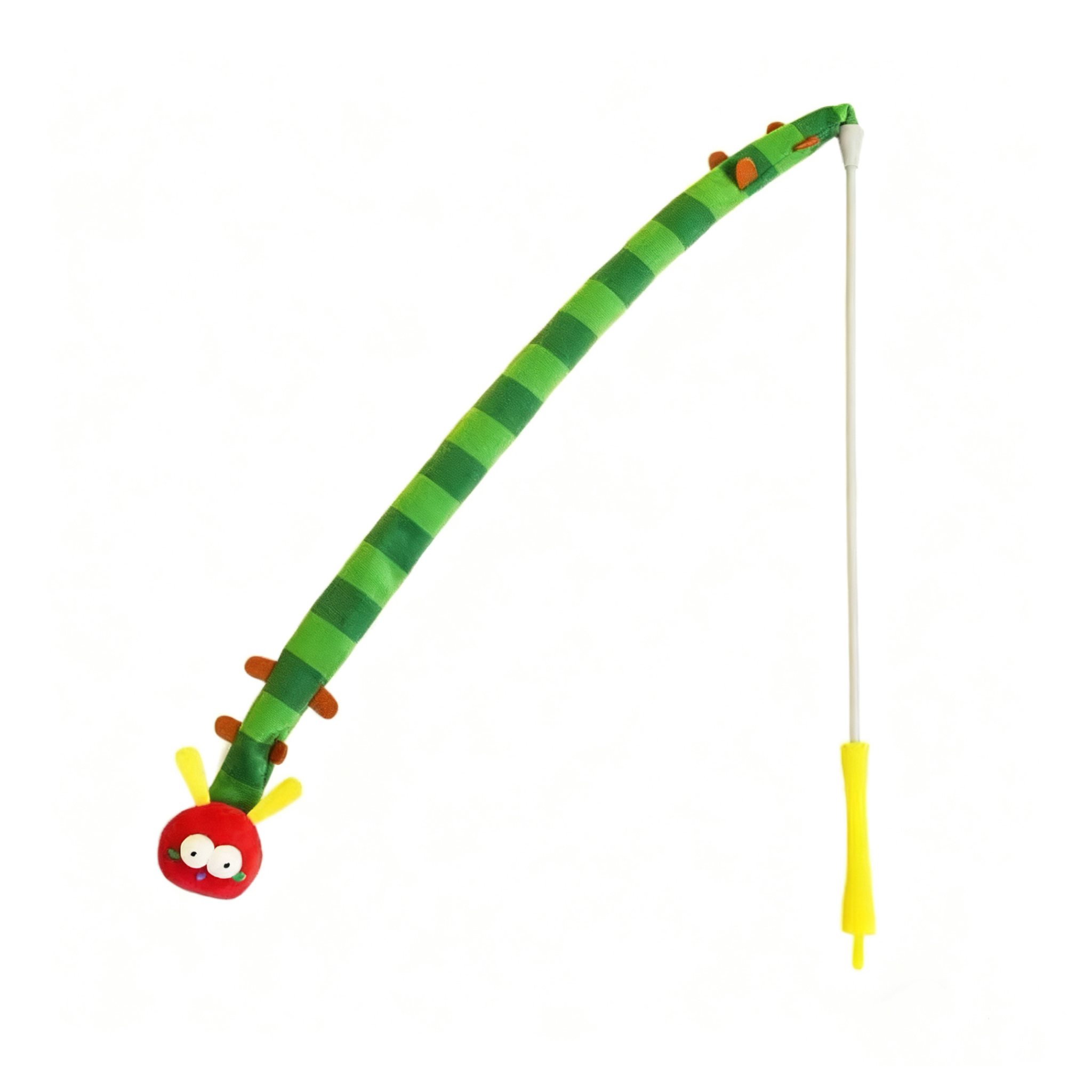 Plush caterpillar cat teaser wand with googly eyes, fleece, and crinkle paper for interactive play.