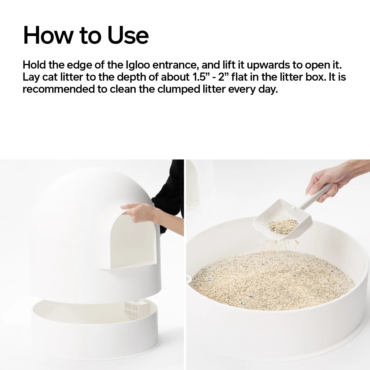 White, dog-proof, top-entry Igloo cat litter box with easy-clean design and concealed scoop storage.